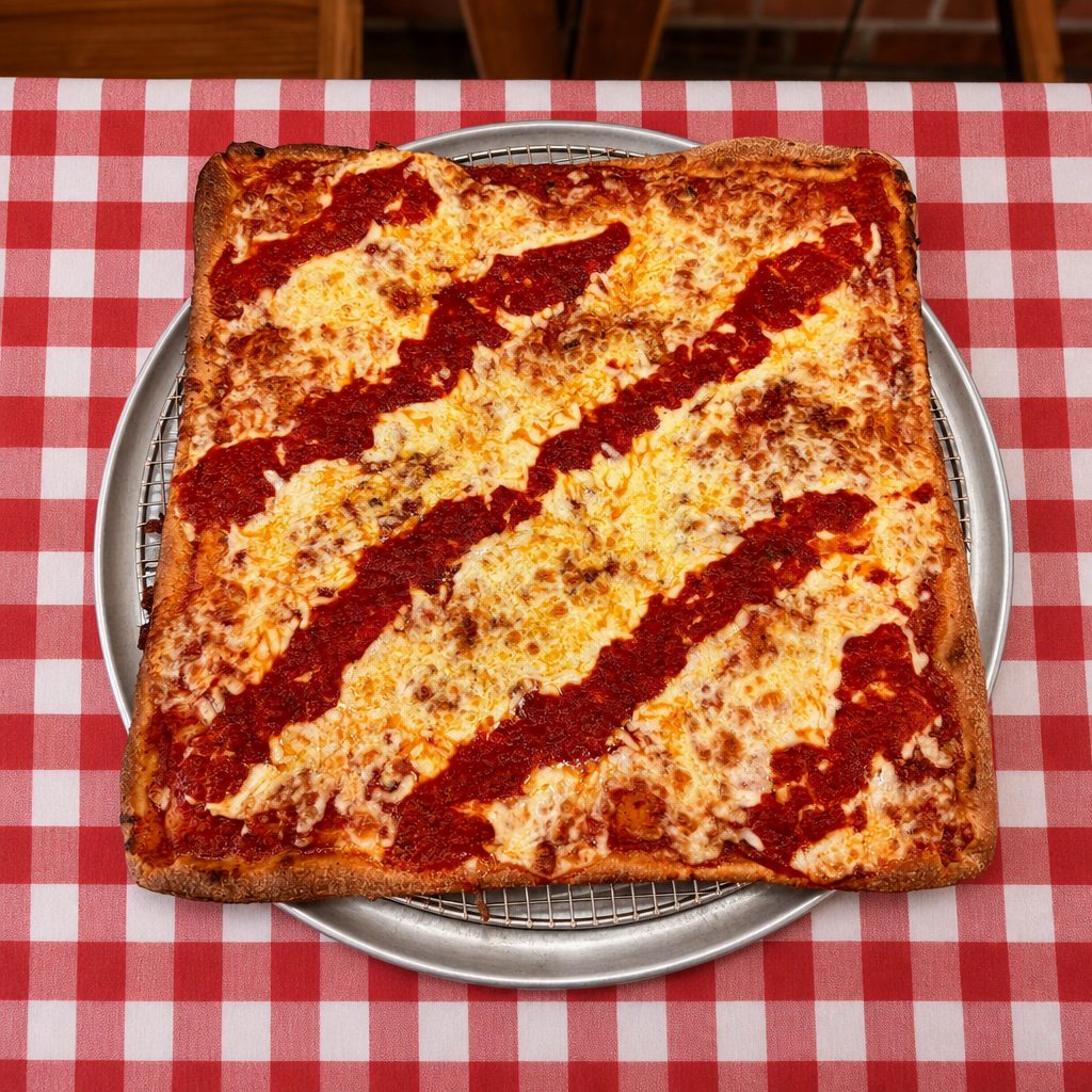 Pan-Baked Sicilian Cheese Pizza.